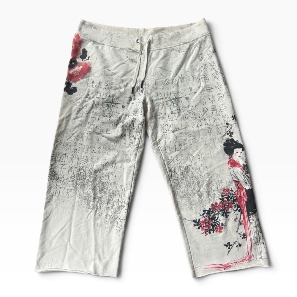 Vintage Lucky Brand Japan Style Geisha Print Cropped Sweatpants Y2K White M